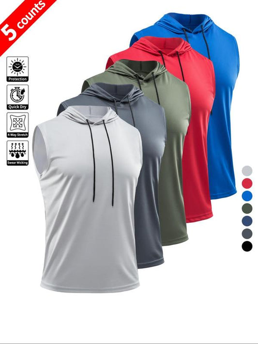 Men'S Solid Color Hooded Sports Tee, Breathable Lightweight Sports Hoodie, Casual Sporty Sleeveless Top for Gym Workout Running, Gym Clothing Men, Gymclothes, Athletic Style Activewear, Gym Apparel, Sleeveless Workout Tops